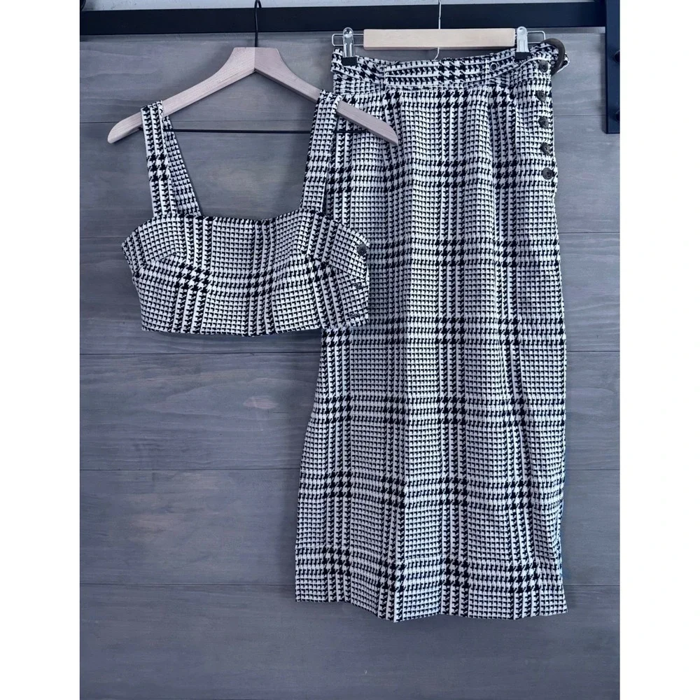Free People Off Duty Skirt Set‎ - Houndstooth Crop Black White Size 4